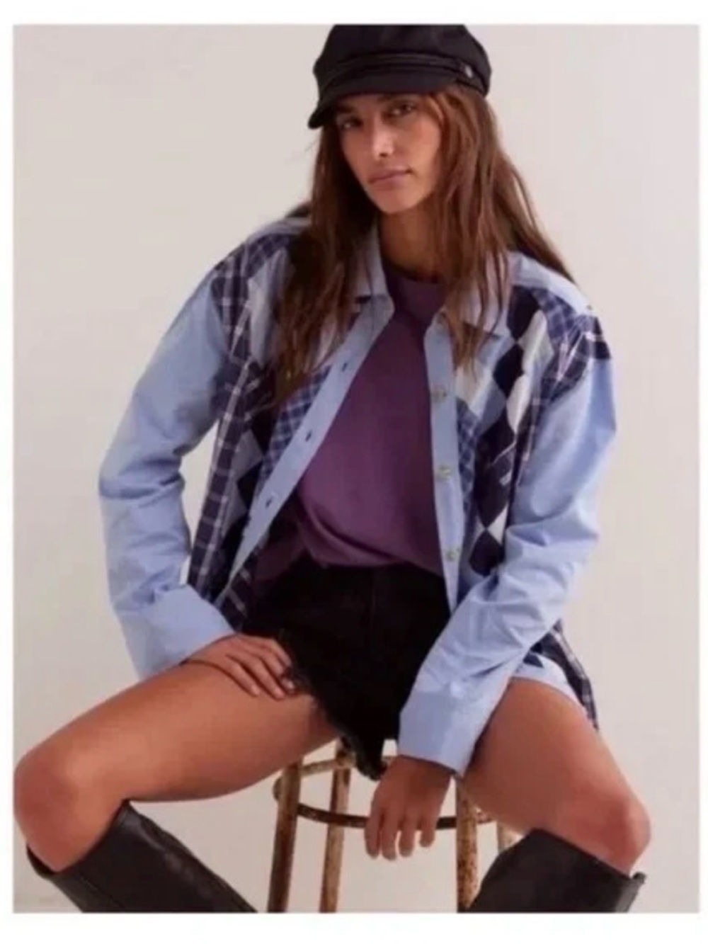 Free People We The Free Argyle Plaid Patchwork Button-Down Shirt - Picture 2 of 14